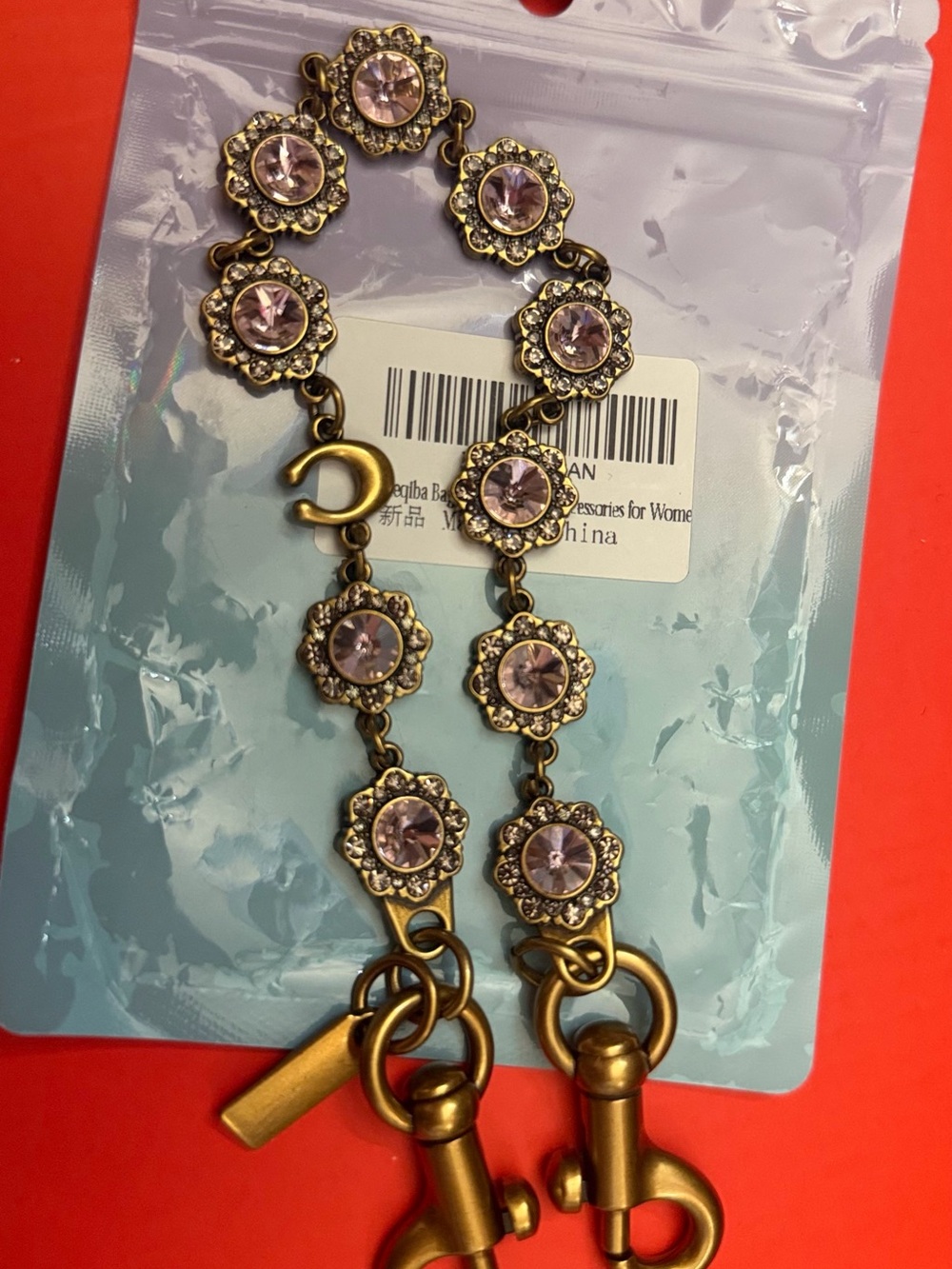 Jueqiba Coach inspired Pink and brass Crystal Flower bag charm Chain - Picture 2 of 3